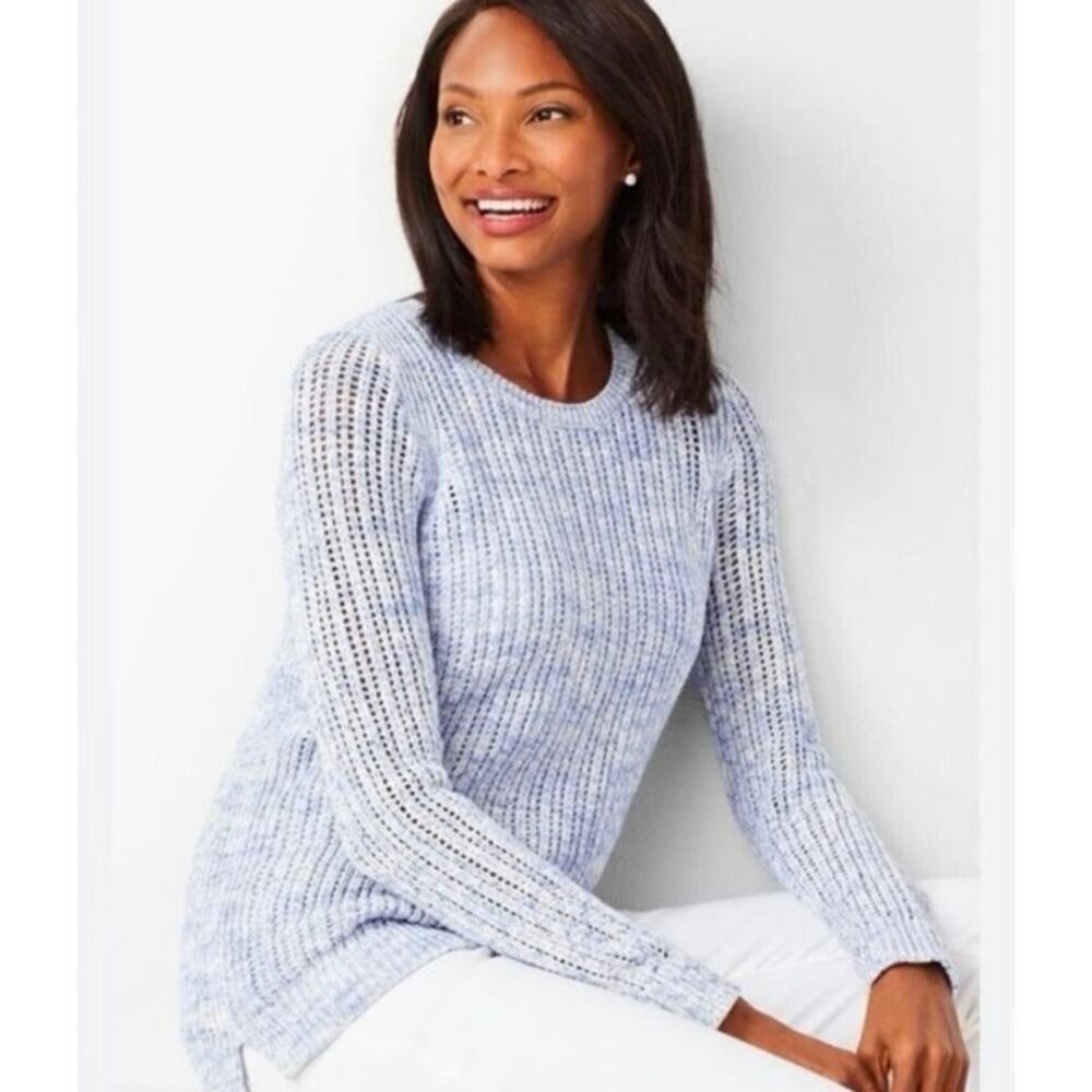 Talbots Blue Space-Dyed Open-Stitch Crochet Cotton Sweater Size Small EUC